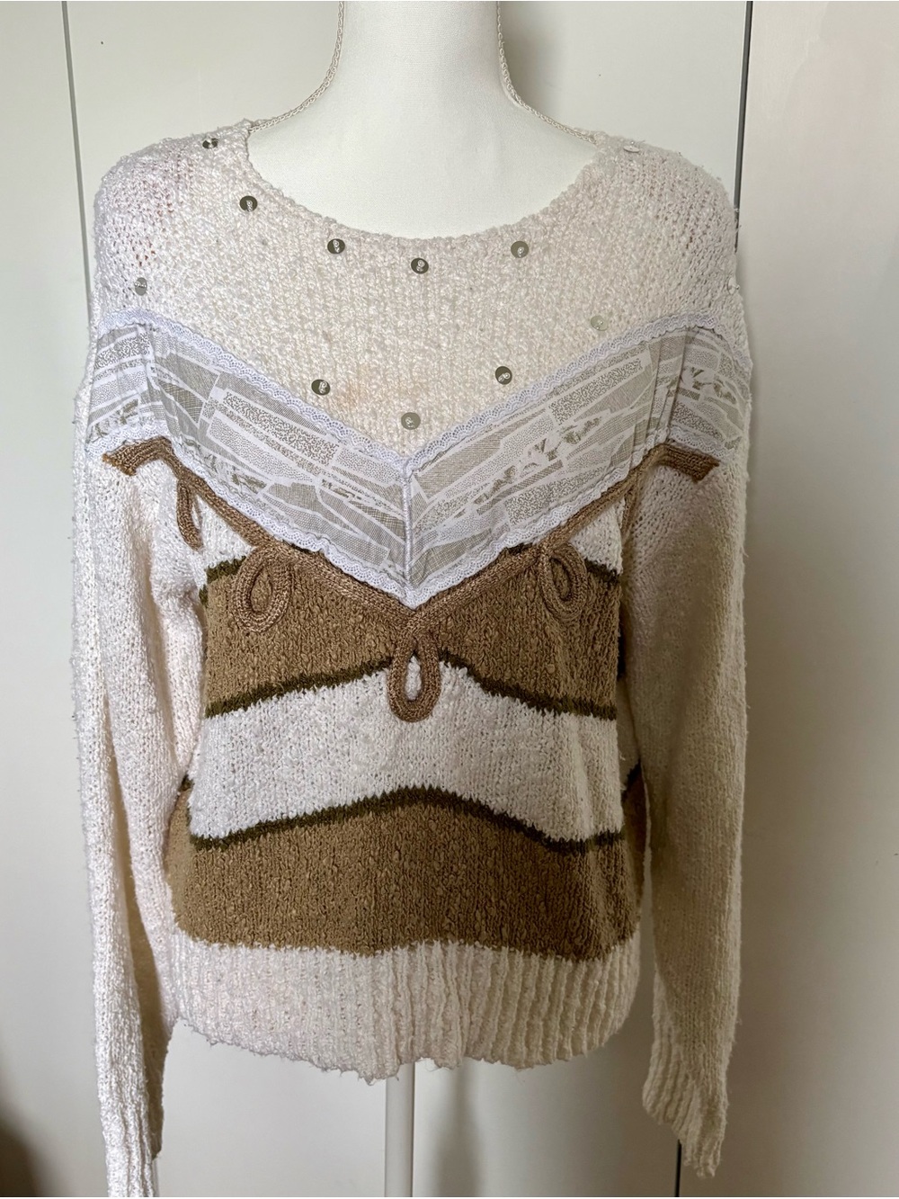 Vintage Nuggets Cream and Brown Lace-Trim Scoopneck Sweater